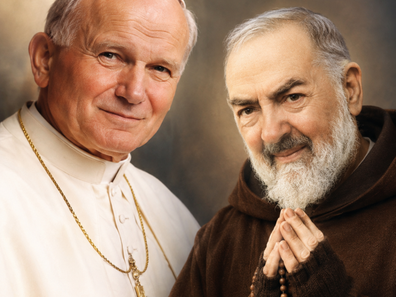 Papa João Paulo II e Santo Padre Pio de Pietrelcina, o encontro em vida, de dois santos da Igreja Católica